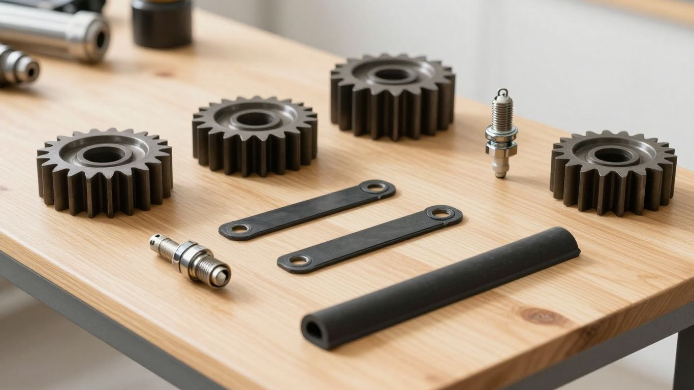 A clean workshop bench with various vehicle parts