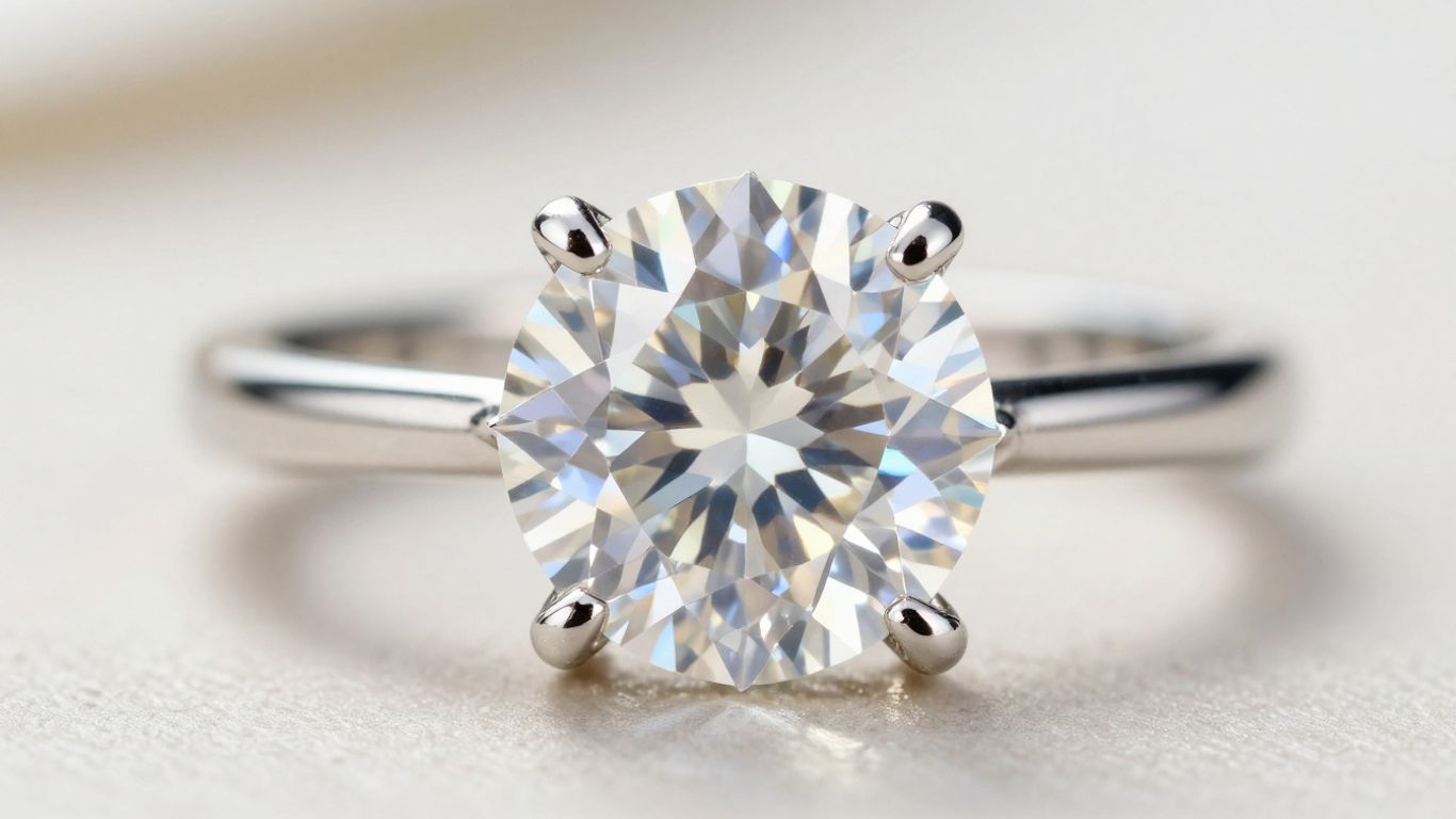 Sparkling solitaire diamond ring on a blurred background.