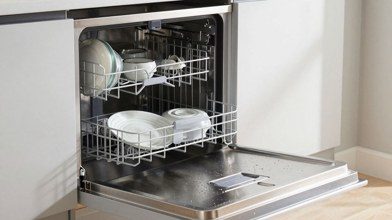 Lave-vaisselle moderne avec vaisselle propre et économie d'eau.