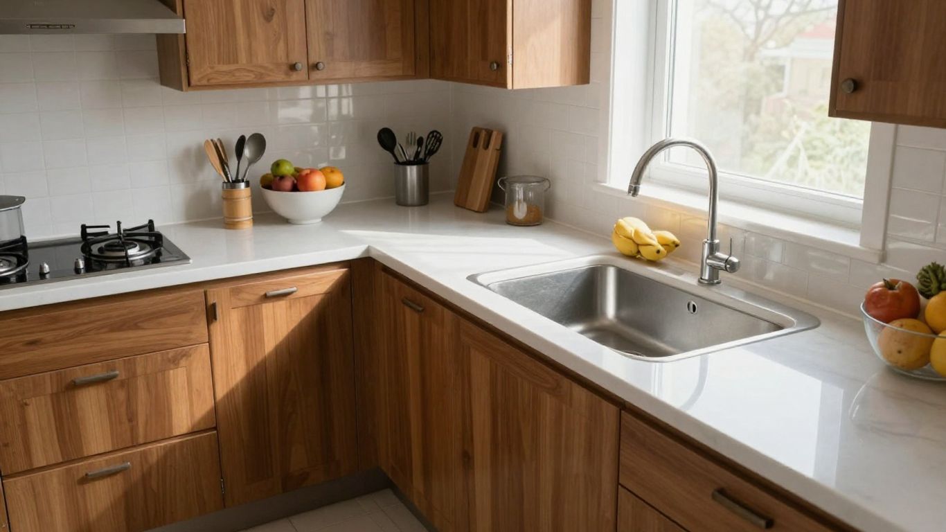 Sparkling clean kitchen with gleaming countertops and cabinets.
