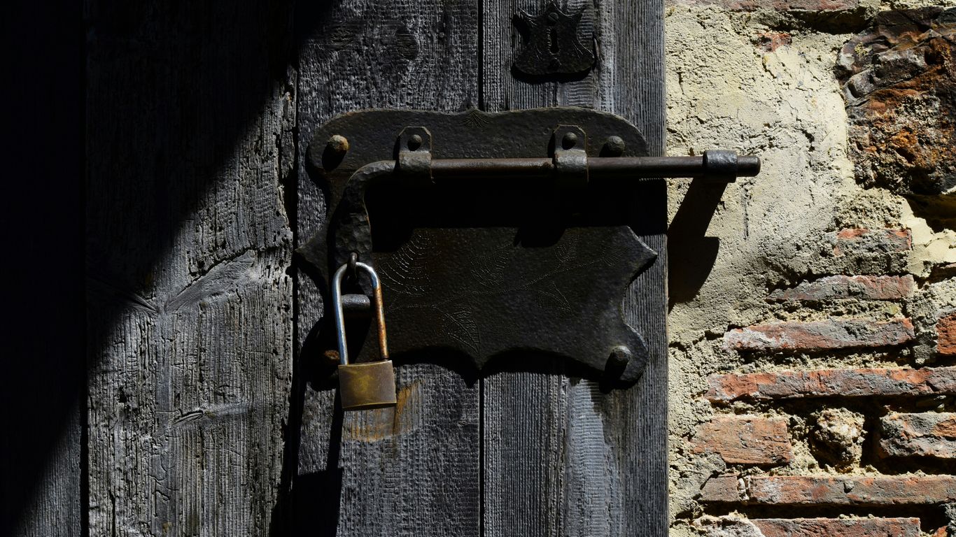black and brown padlock on black wooden door