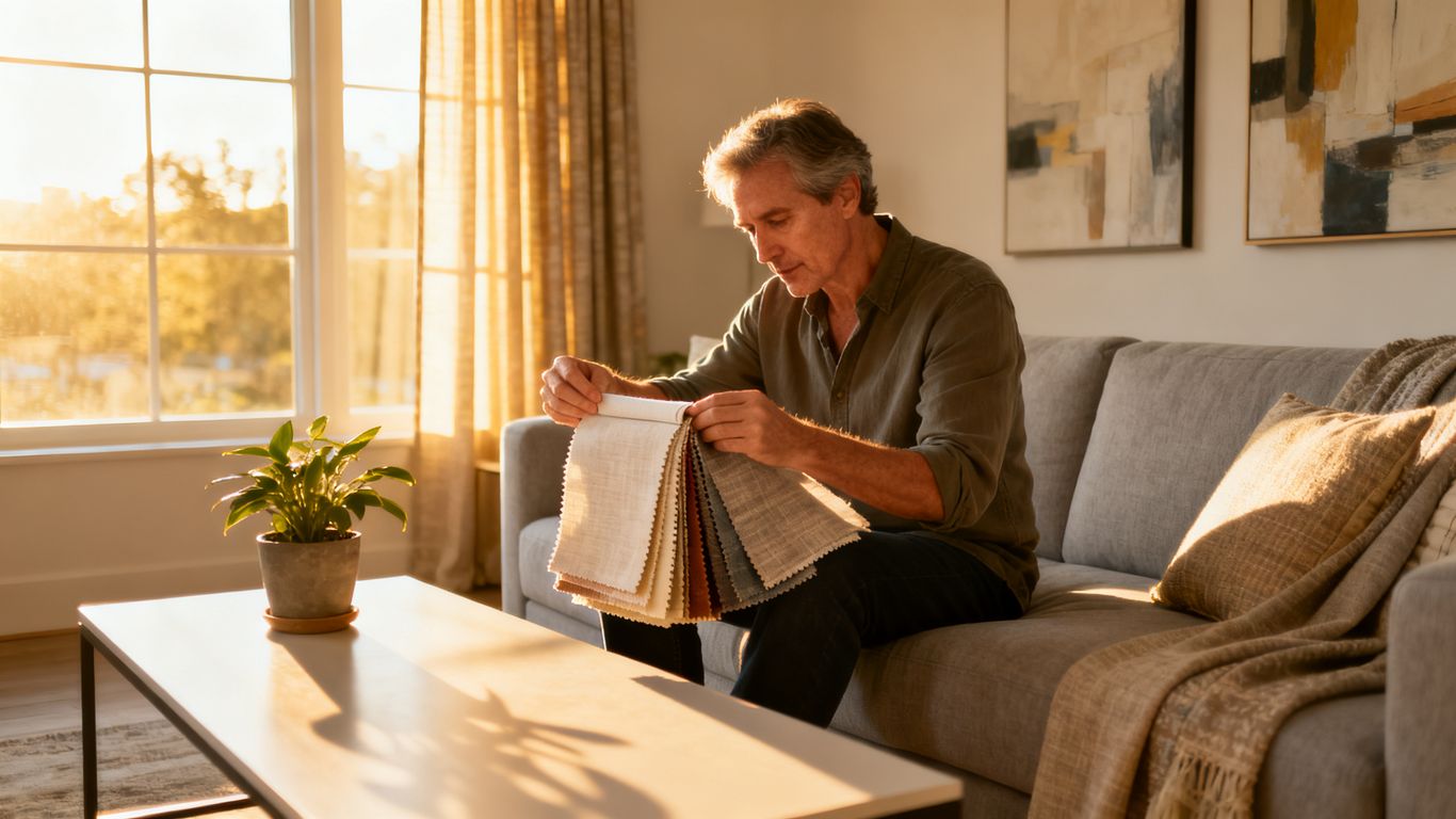 Homeowner reviewing window treatment options