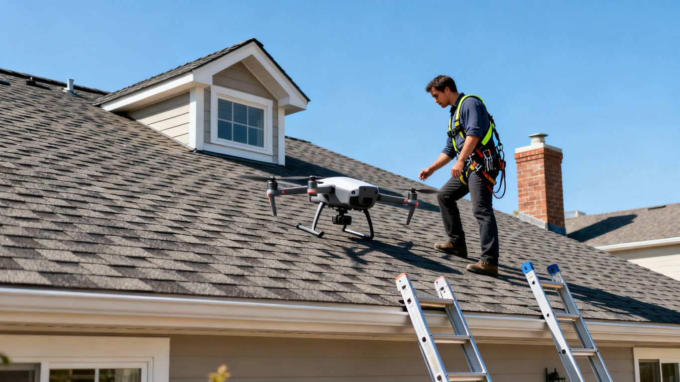 Professional inspecting residential roof damage