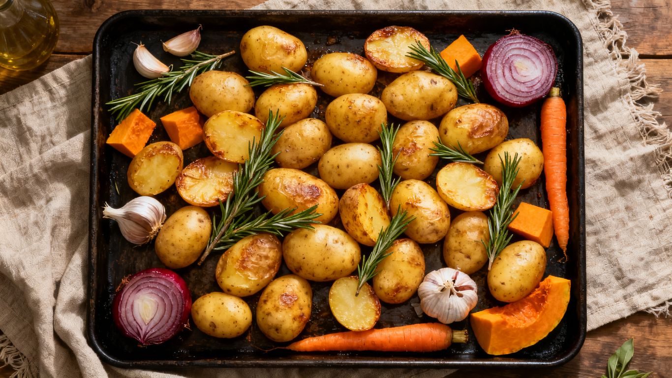 Goudbruine aardappelen met seizoensgroenten