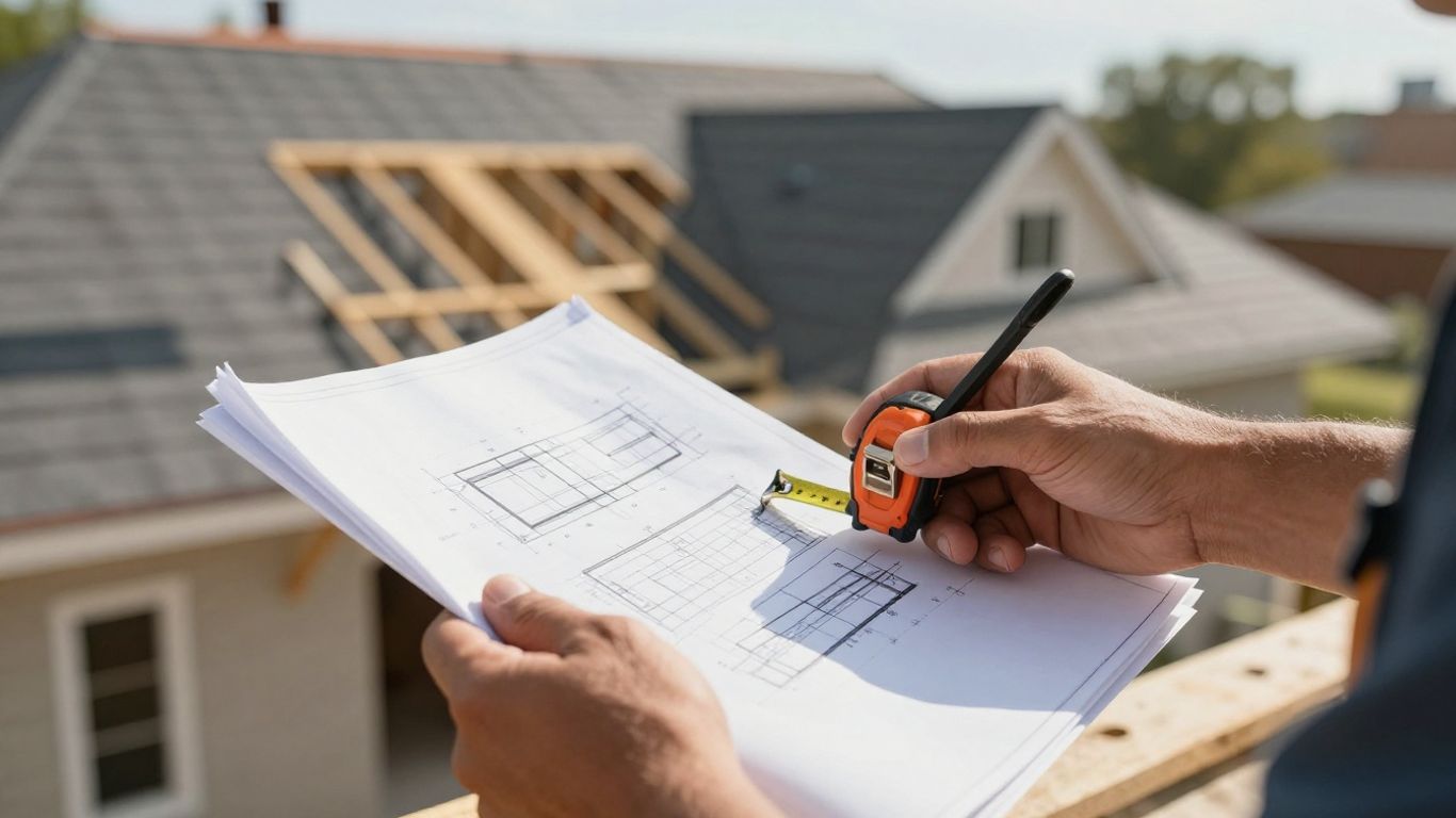 Contractor with blueprint and tape measure near a roof.