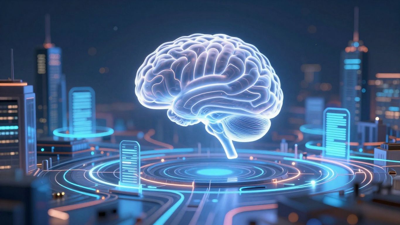 Futuristic cityscape with glowing digital pathways and a translucent brain.