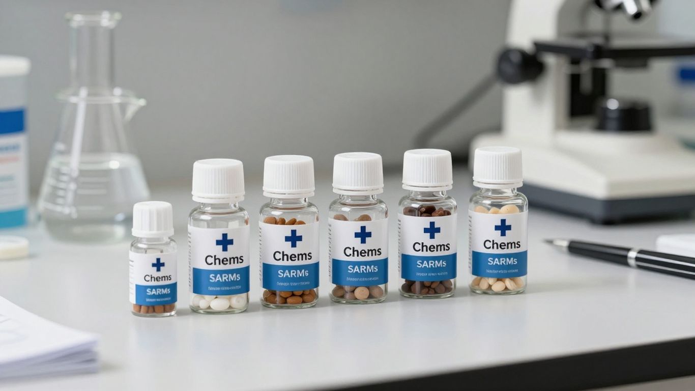Swiss Chems SARMs bottles with lab equipment