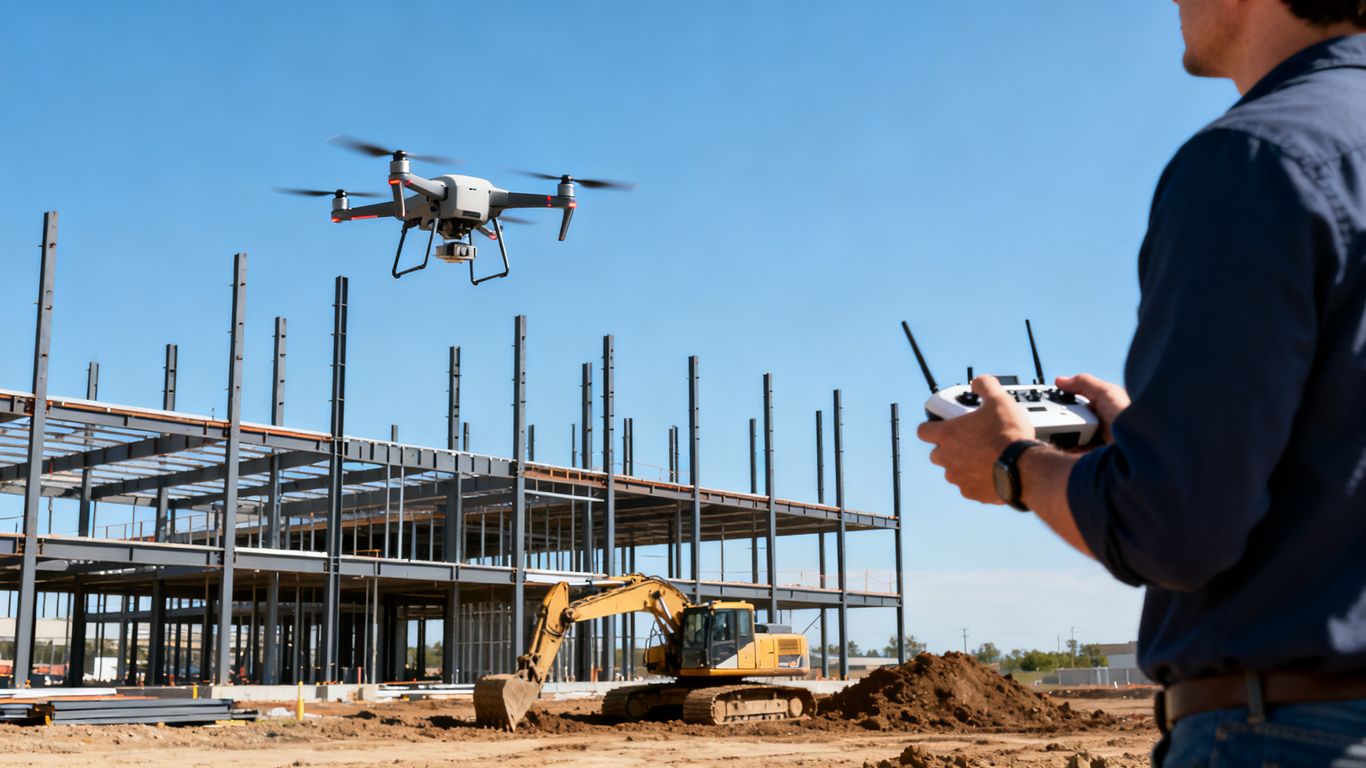 Drone operator documenting construction progress