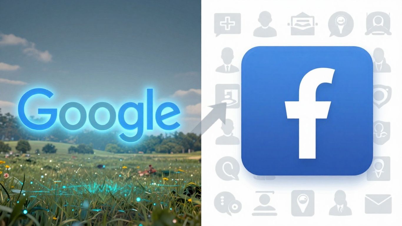 Google and Facebook logos with abstract digital elements.