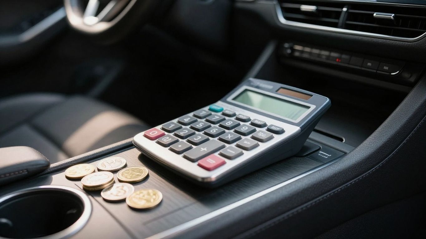Car dashboard with calculator and coins for finance calculation.