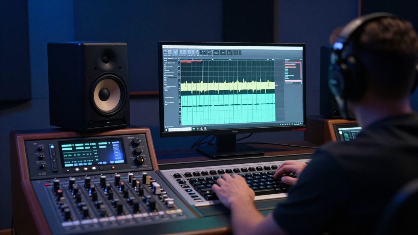 Producer inspecting an AI-generated song waveform
