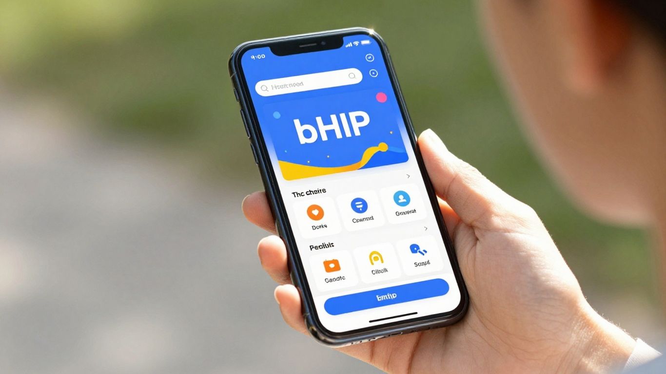 Persona feliz usando la aplicación bHIP en su teléfono.