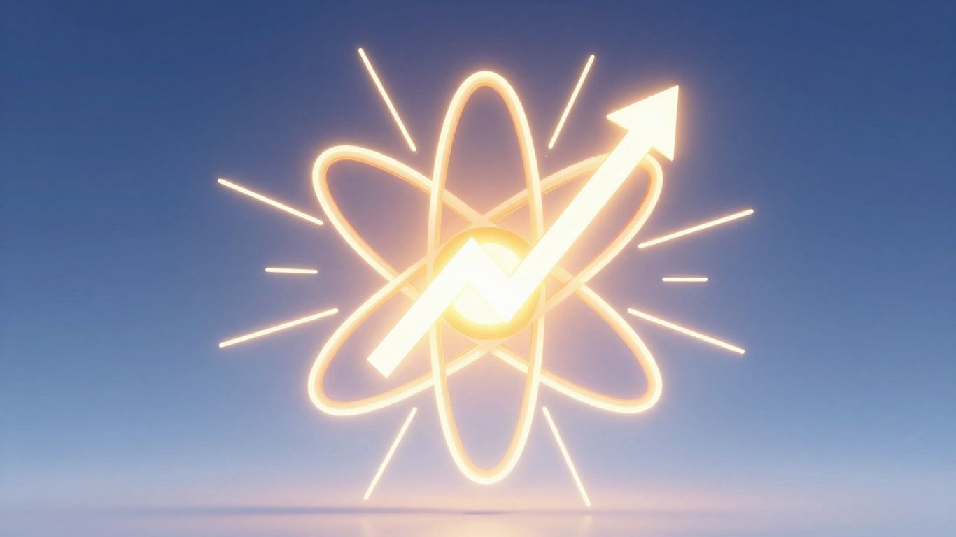 Atom graphic with upward arrow for SEO success.
