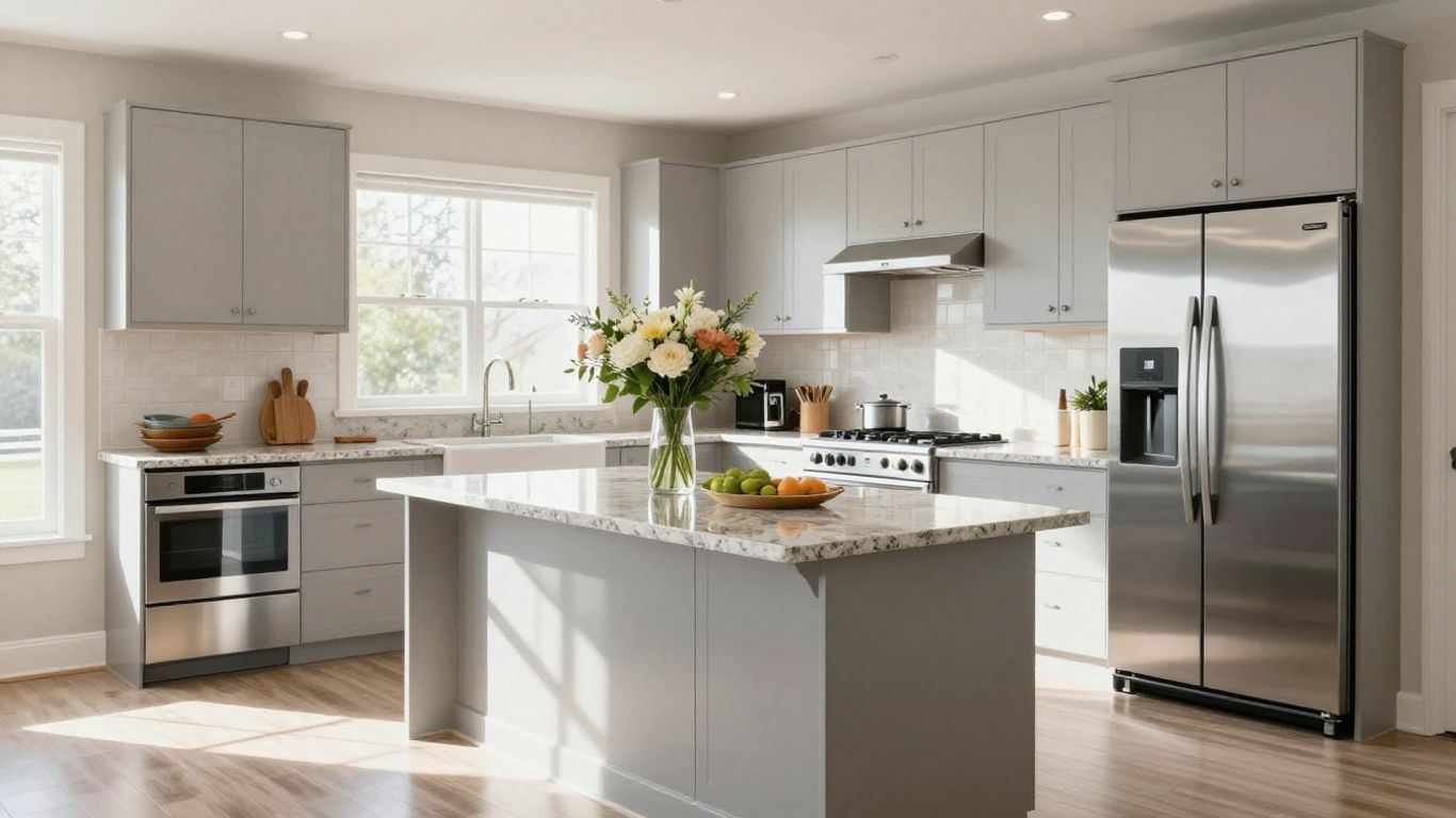 Modern kitchen remodel with granite countertops and stainless steel appliances.