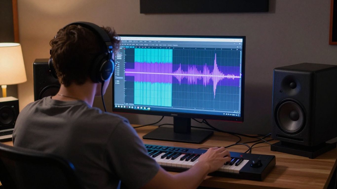 AI music studio with glowing waveform controls