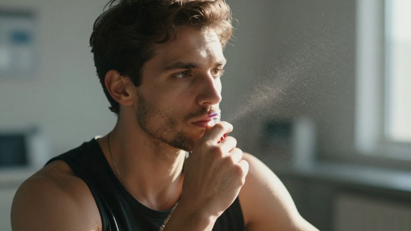 Man with athletic build contemplating a blood test vial.