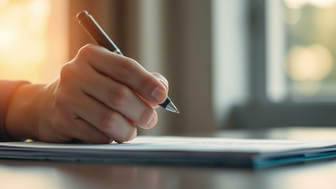 Hand signing federal student loan forgiveness application documents.