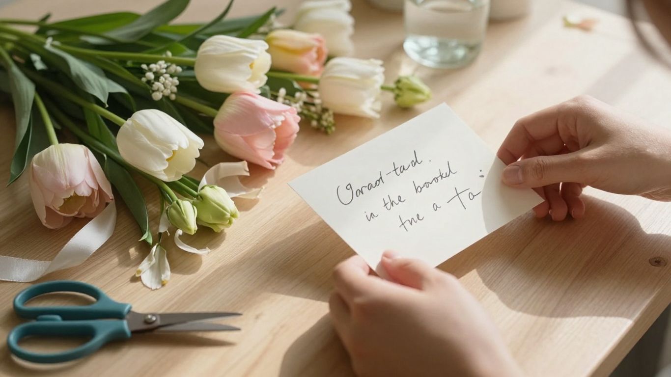Hands arranging flowers beside a handwritten card