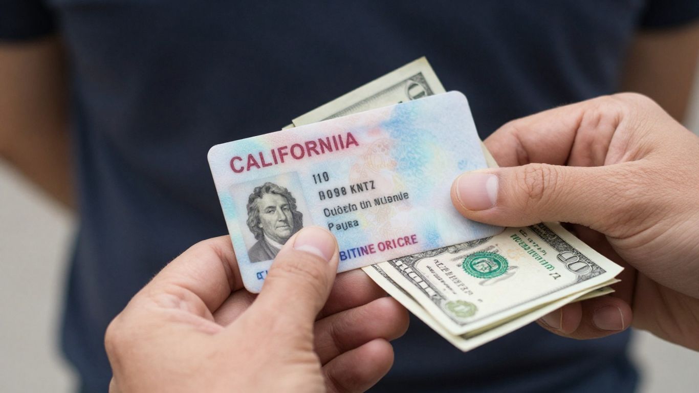 Manos con identificación de California y dinero.