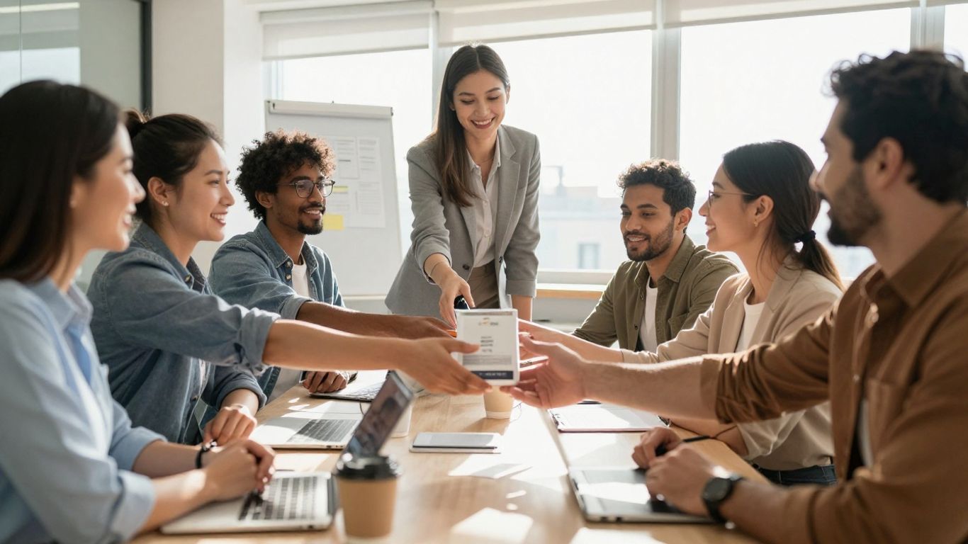 People in a business meeting exchanging products.