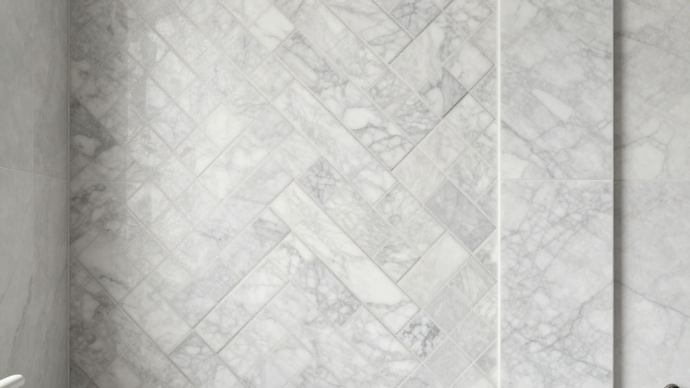 Herringbone marble mosaic blending with plain marble tiles.
