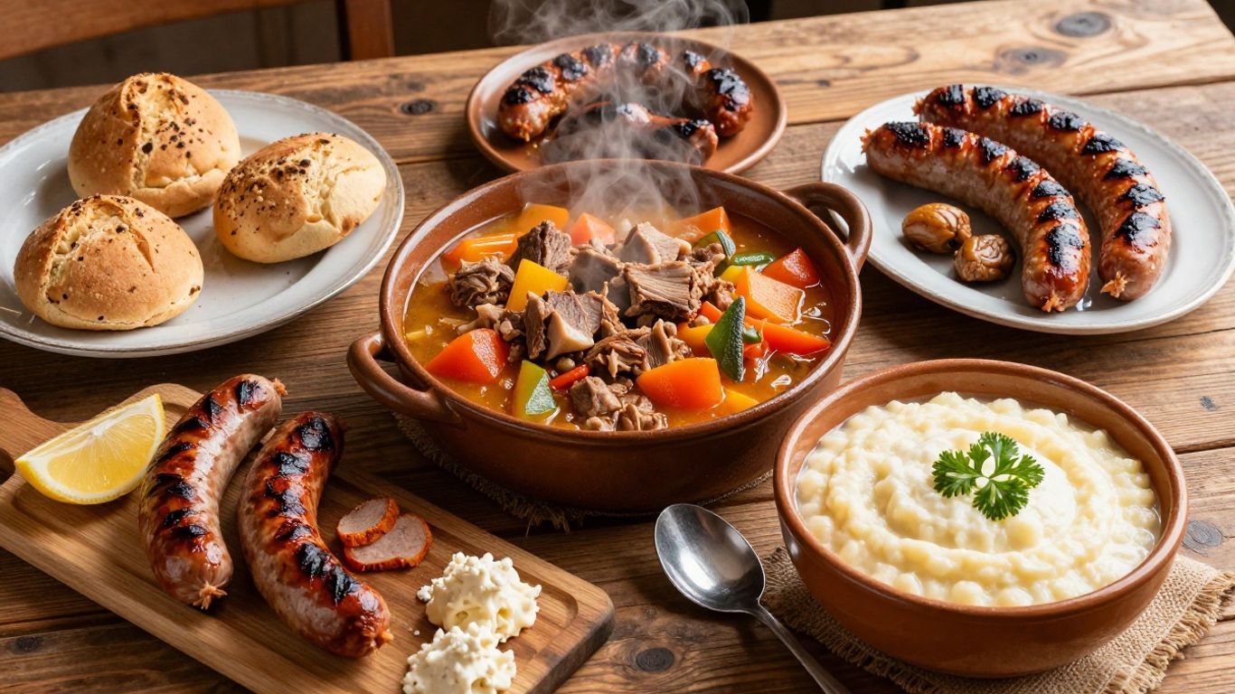 Traditional Romanian meat and vegetable dishes on a table.
