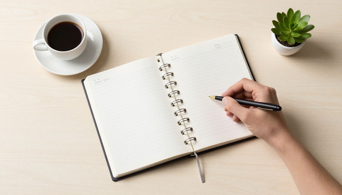 A minimalist, high-quality image showing an open planner on a clean desk with a cup of coffee and a small plant, symbolizing intentionality and focus, designed to inspire productive, grounded action.