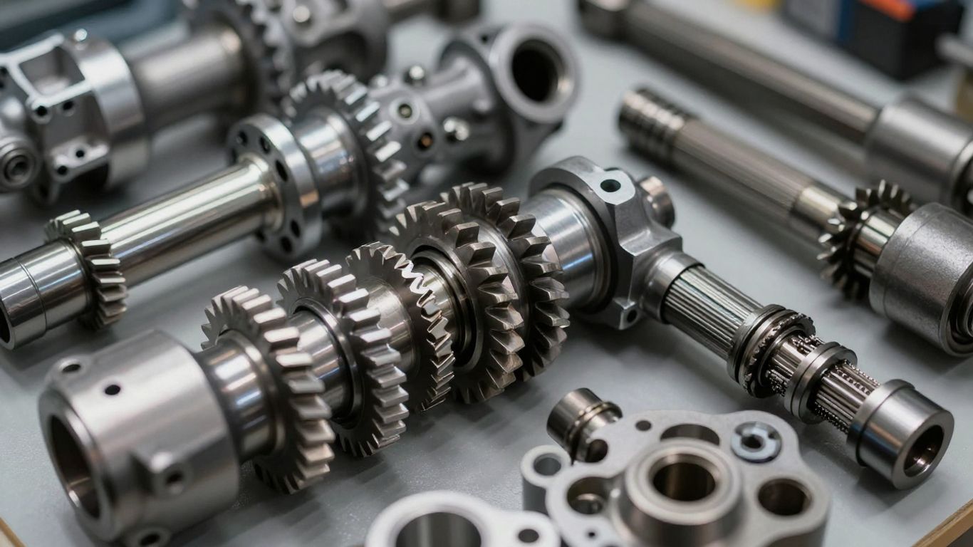 Automotive gearbox parts, gears, and shafts.