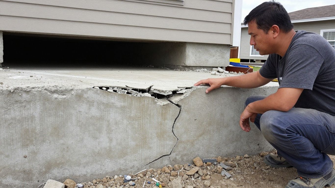 Cracked foundation with tilted house and concerned worker.