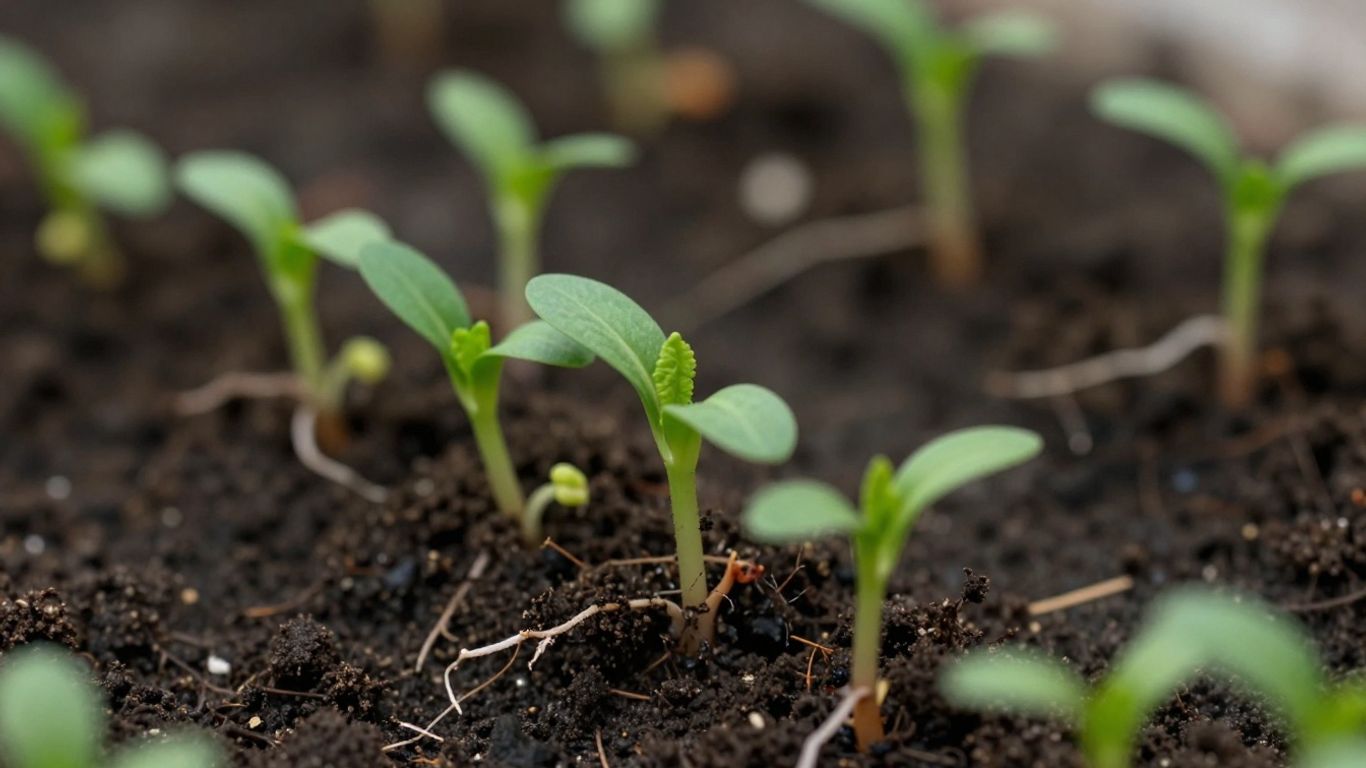 Junge Gemüsepflanzen sprießen im Frühling aus der Erde.