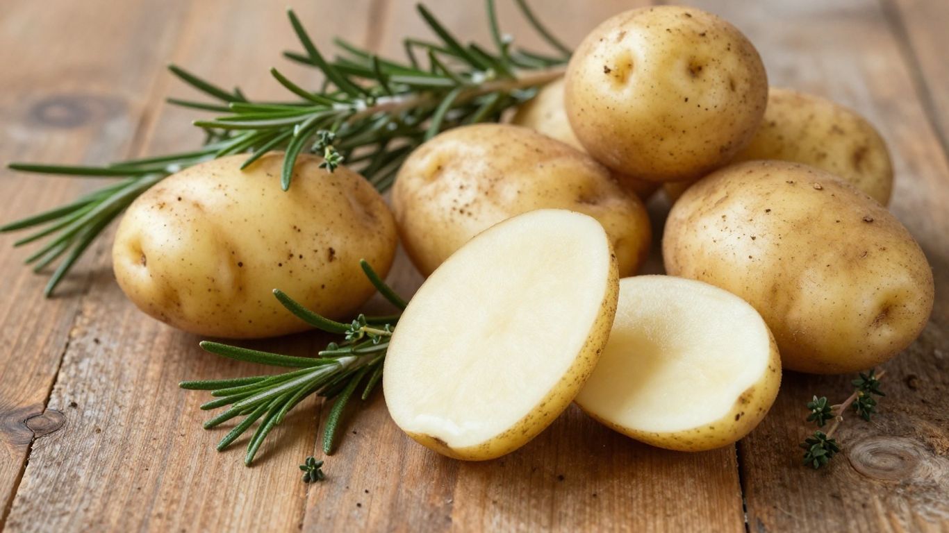 Biologische aardappelen op een rustieke tafel met kruiden.