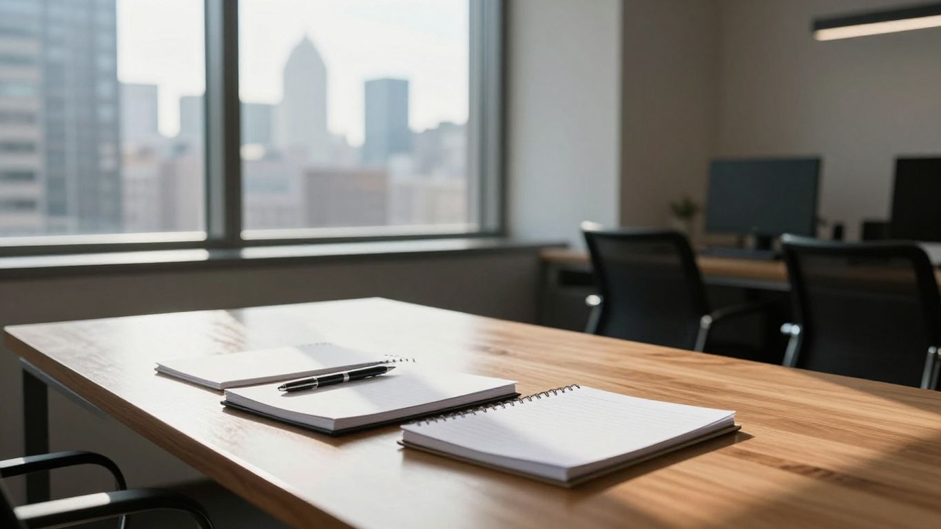 Office with city view, notebooks, and pens.