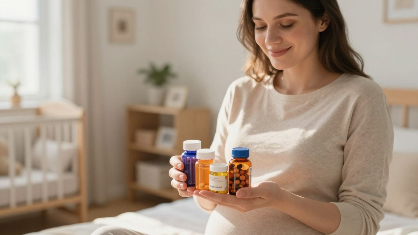 Mulher grávida com vitaminas essenciais para a saúde.