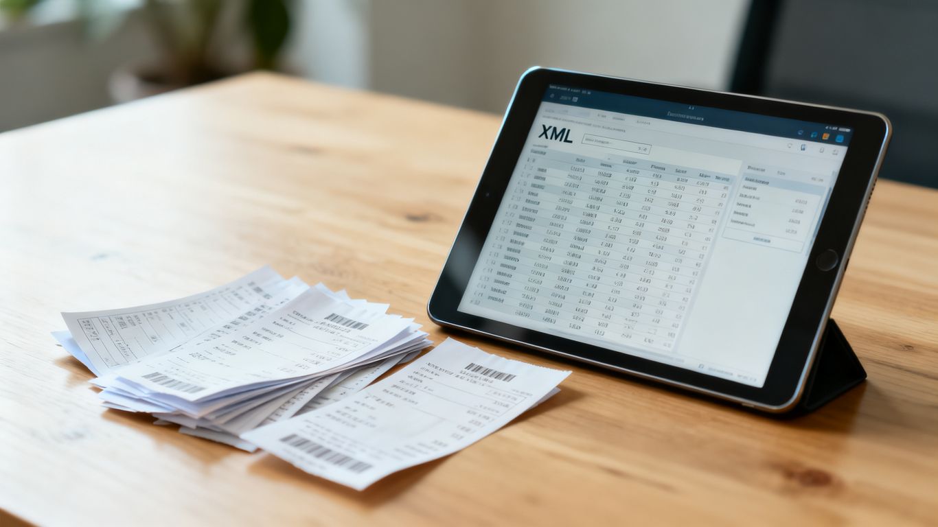 Ein modernes Tablet zeigt strukturierte XML-Daten neben ordentlich sortierten Belegen auf einem hellen Holztisch an.