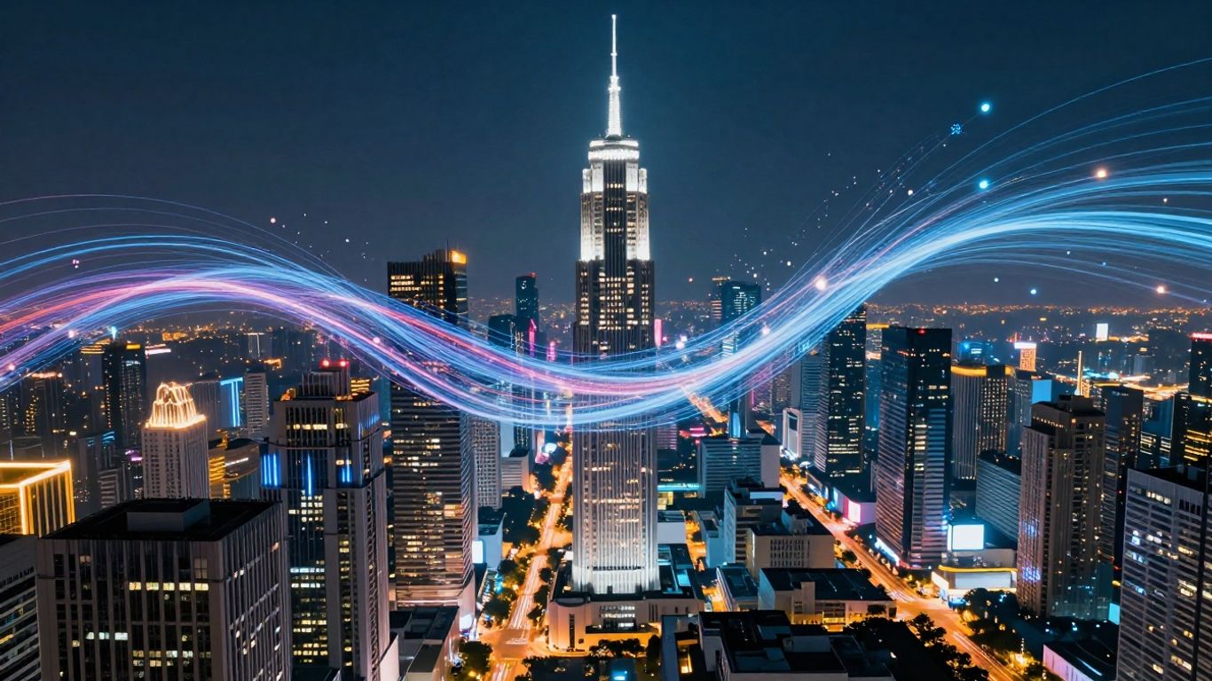 Cenário urbano futurista com luzes digitais.