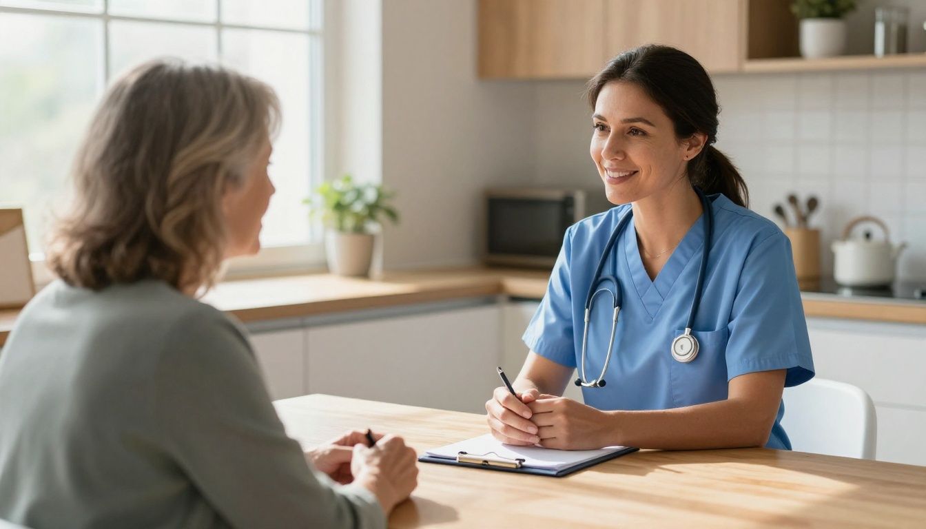 A compassionate female nurse of color sits at a kitchen table, talking warmly with a middle-aged white woman. Sunlight streams through a window, illuminating a calm and supportive home environment. The focus is on their connection and conversation, not on medical equipment.