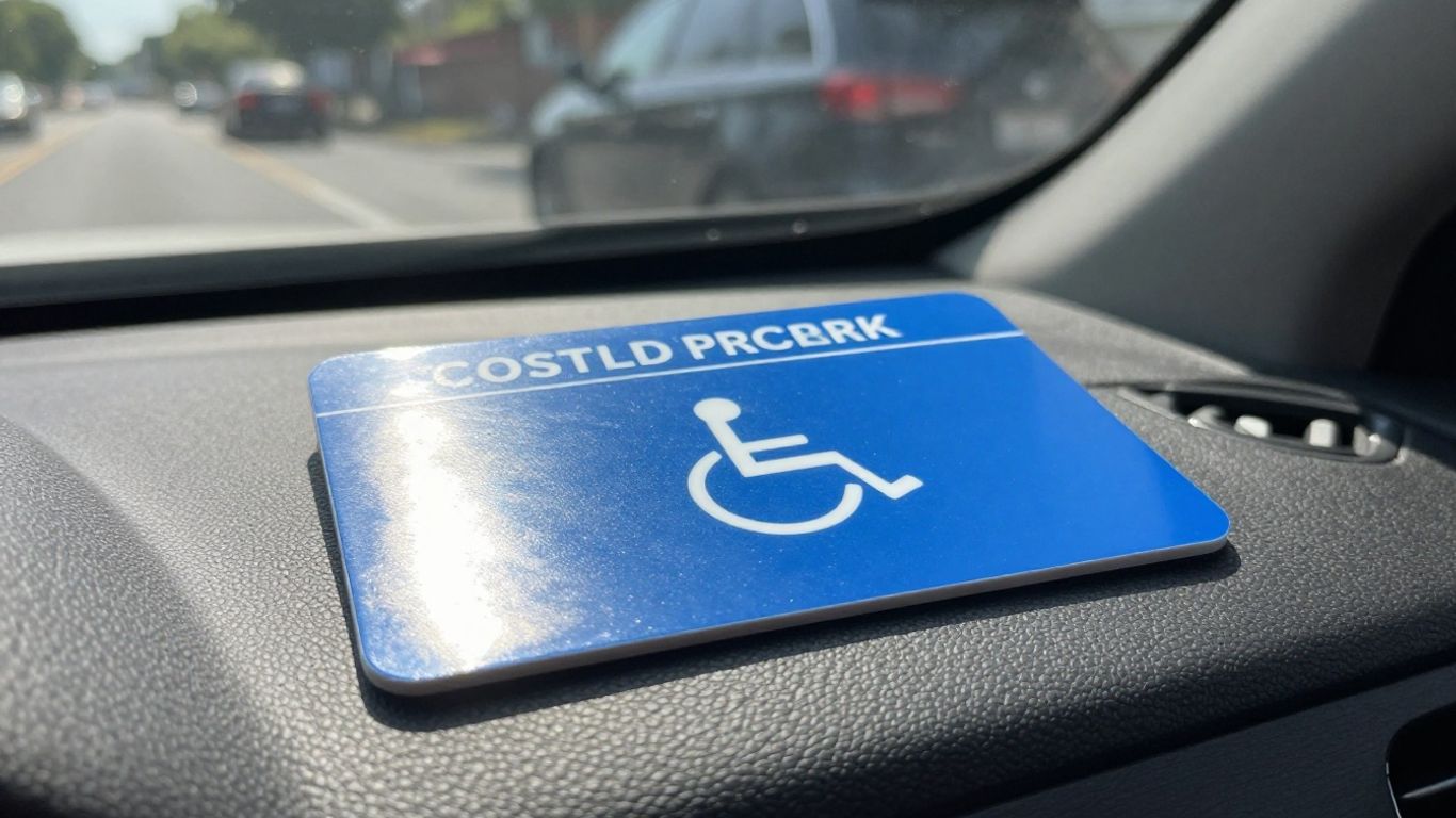 Disability parking permit card on car dashboard.