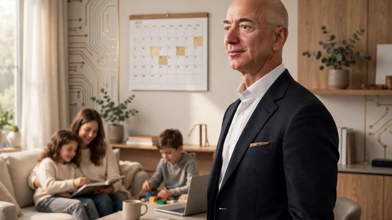 Bezos in a home office with family and three workdays.