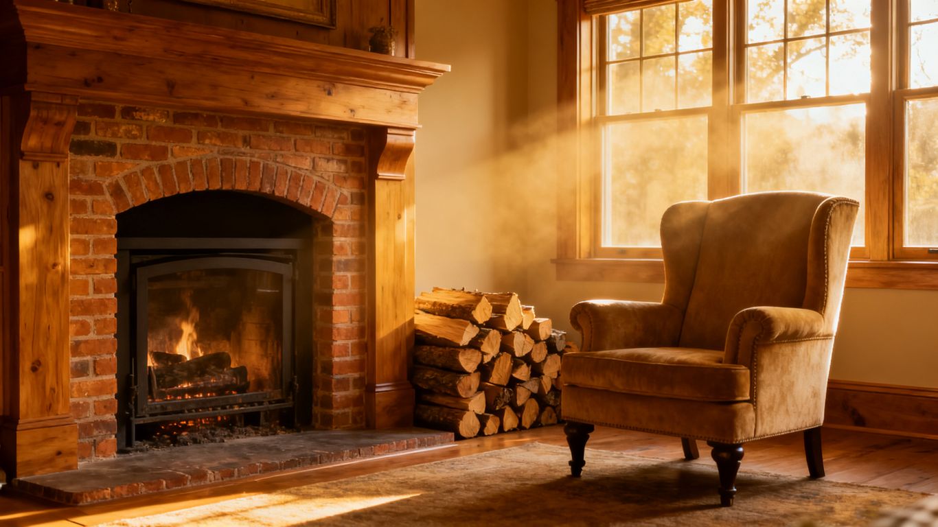 Cozy living room with a renovated fireplace and sunlight.