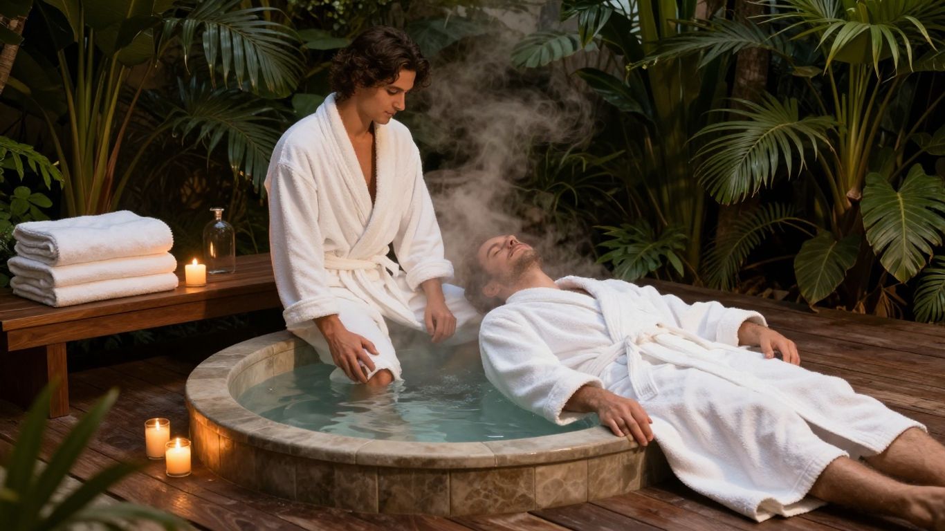 Deux peignoirs près d’un spa lumineux