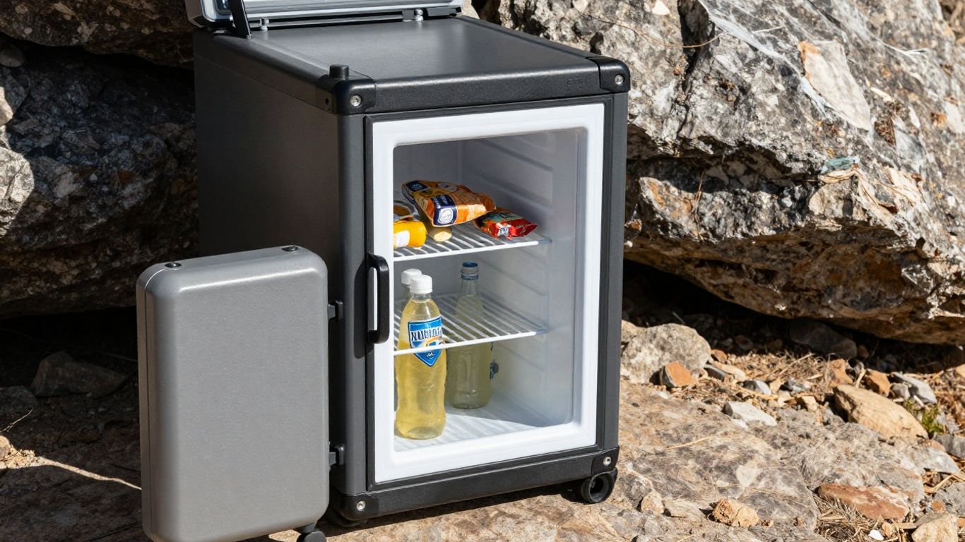 Portable refrigerator filled with drinks and snacks outdoors.