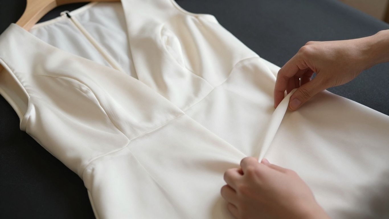 Professional dry cleaner handling expensive silk dress.