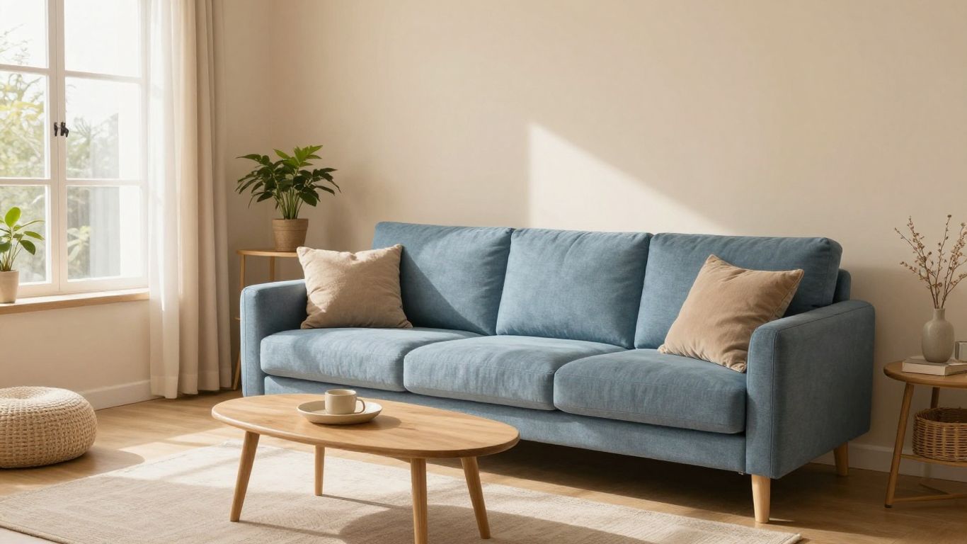 Cozy Airbnb living room with blue sofa and natural light.
