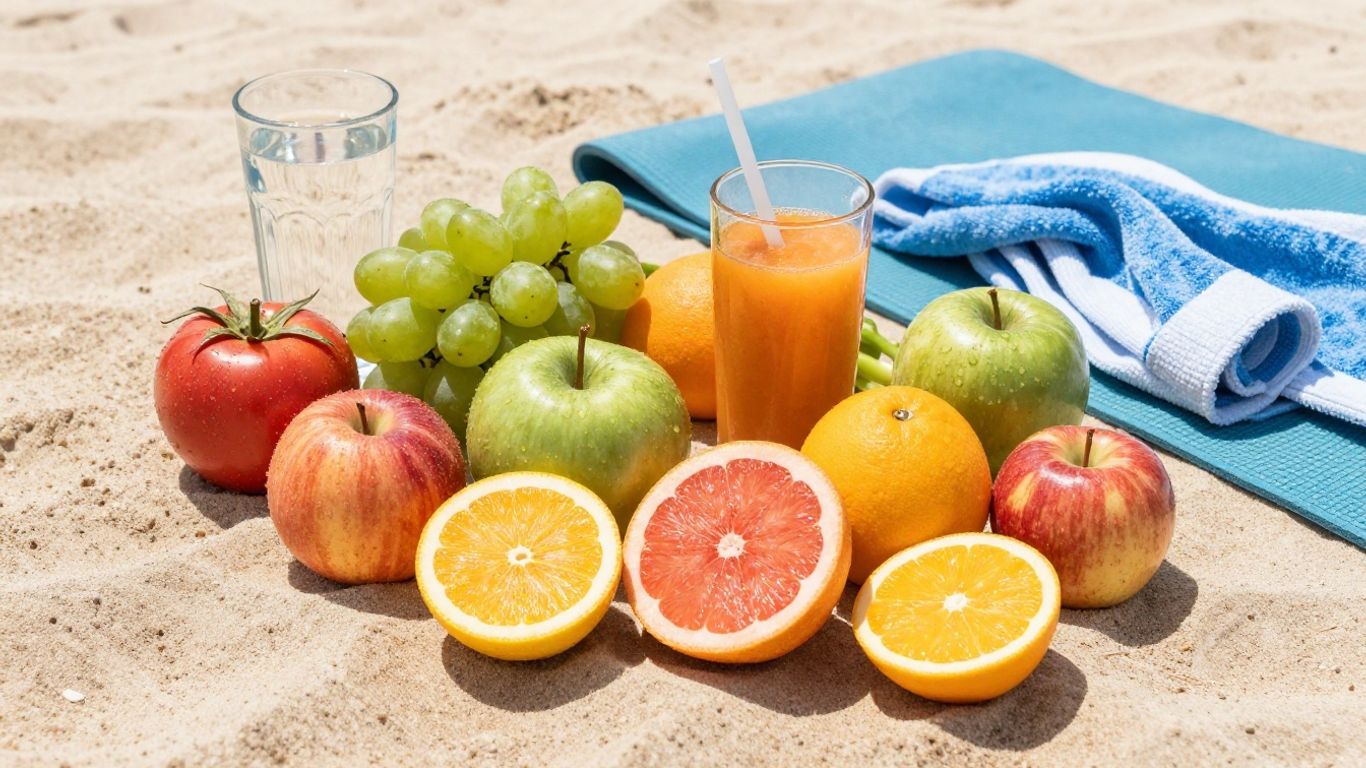 Healthy summer food and outdoor activity elements.