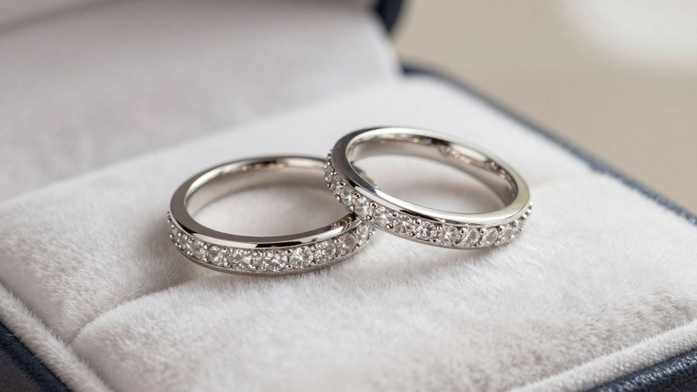 Elegant anniversary rings on a velvet cushion.