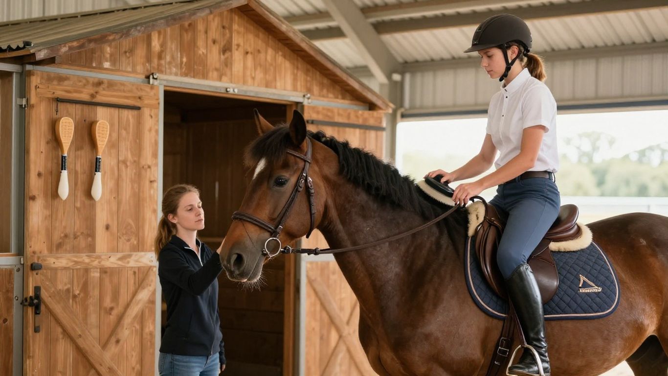 Cavalier débutant préparant son cheval au club