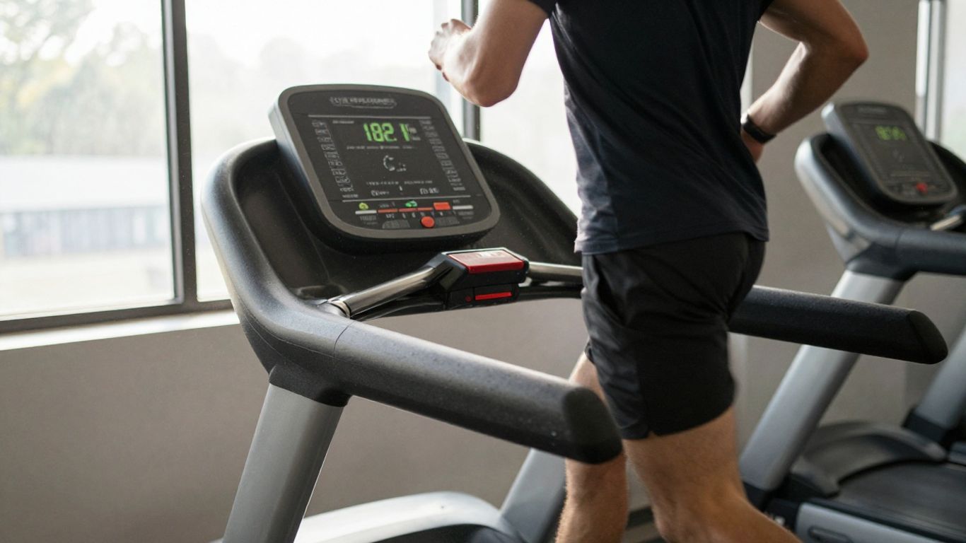 Person running on treadmill, calorie counter visible.