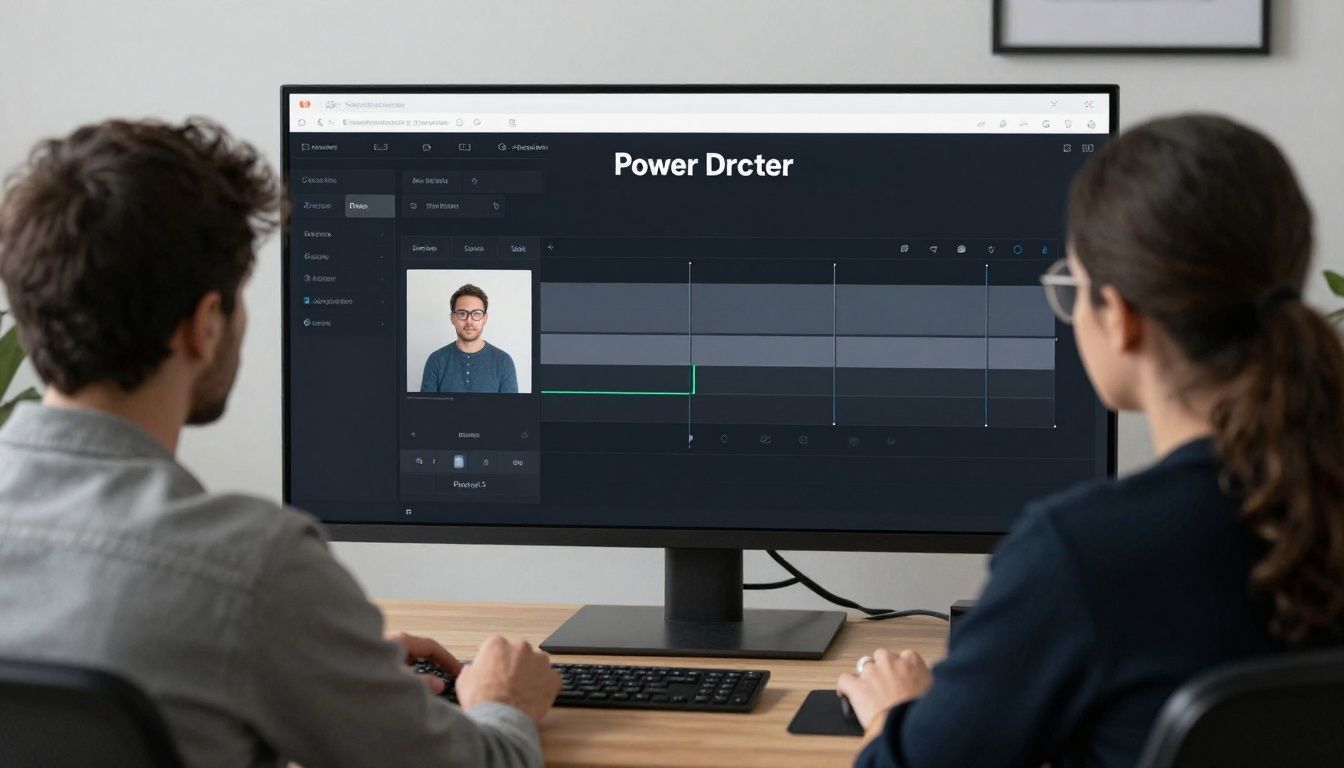 Interface do aplicativo de edição PowerDirector mostrando linha do tempo com filtros e ferramentas de transição