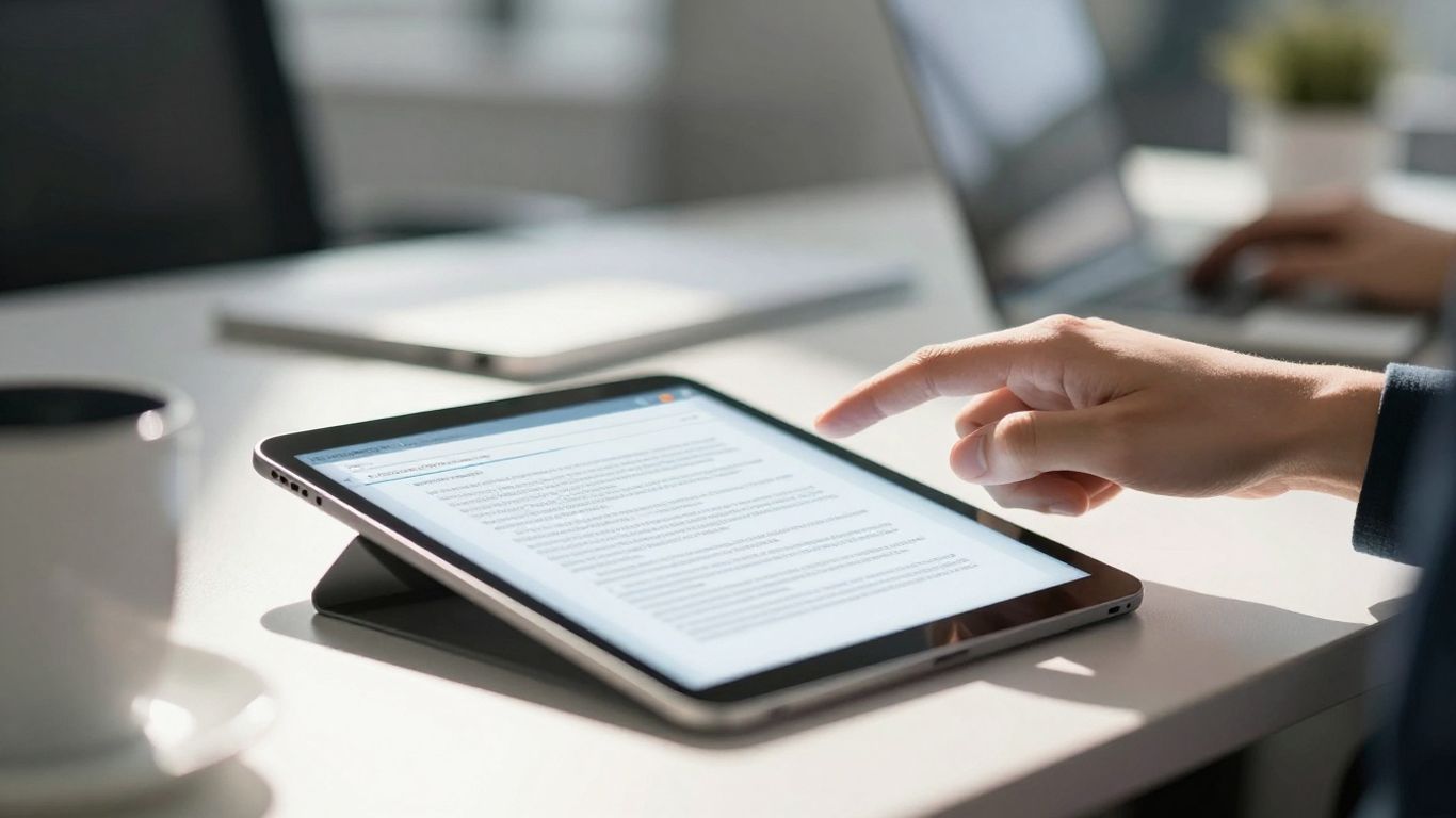 Digital document signing on a tablet in an office.