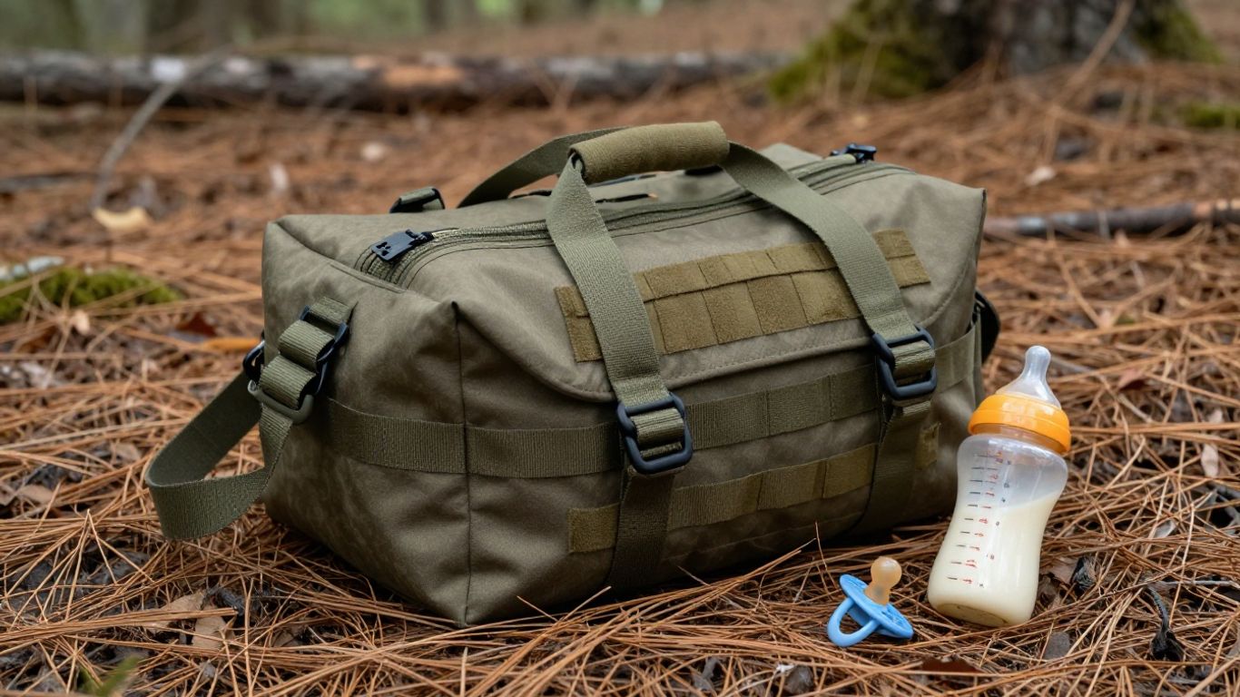Rugged tactical diaper bag with baby items on forest floor.